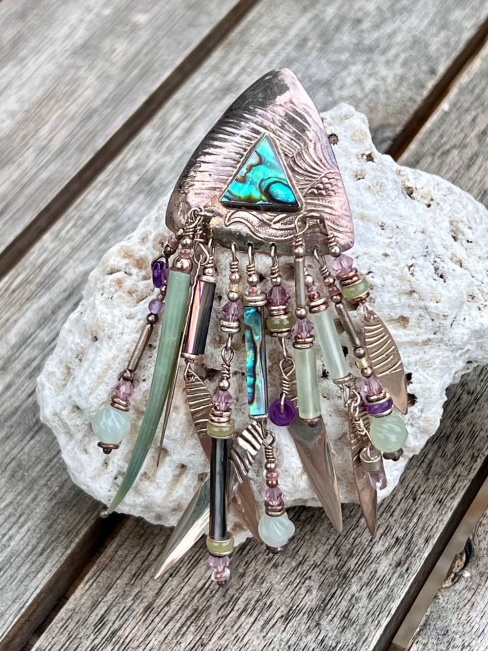 Vintage Signed Tabra Single 4” Abalone Chandelier Statement Earring